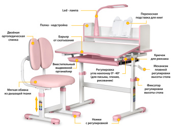 Стол Mealux BD-24 PN pink (ш79 х г39-60 х в53-72, стул и лампа в комплекте) бело-розовый