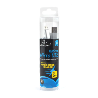 Кабель USB-A < - > microUSB, 1.8м, Cablexpert, армированная оплетка, 5А, серебро