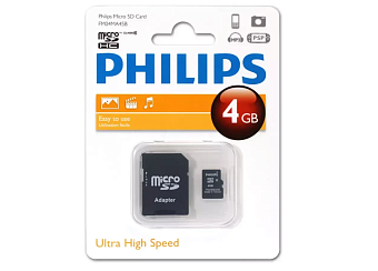 Карта памяти microSD . 4Gb PHILIPS microSDHC Class 10 (SD адаптер)