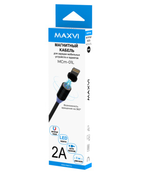 Кабель USB-A < - > Lightning, 1.0м, Maxvi MCm-01L магнитный разъем, черный