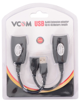 Кабель-переходник USB-A (m) + USB-A (f) < - > RJ45, Vcom CU824 (удлинитель USB по витой паре до 45м)