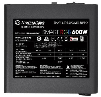 Блок питания 600W Thermaltake Smart RGB (120mm, 24+6pin, 2*8pin, 6*Sata, 4*IDE, RGB)