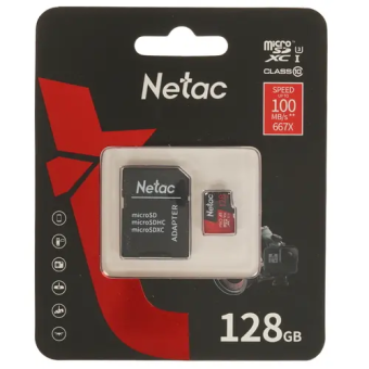 Карта памяти microSD 128Gb Netac P500 Extreme Pro Class 10, 100MB/s, с SD адаптером